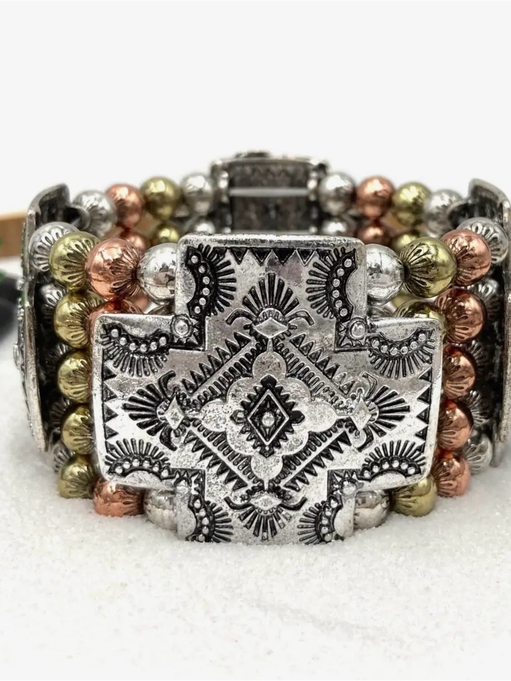 Multi-Tone Southwestern Beaded Statement Bracelet - Silver, Gold & Rose